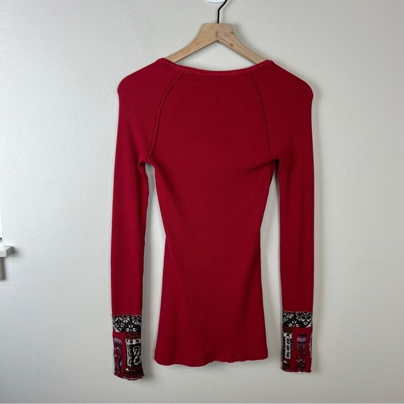 We the Free People Red Long Sleeve Thermal Shirt Studded Cuffs - Picture 3 of 5